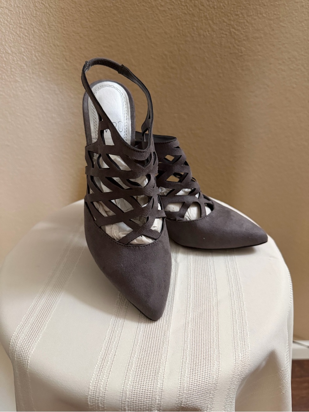 Impo Pointed Cage Slingback Heels in gray